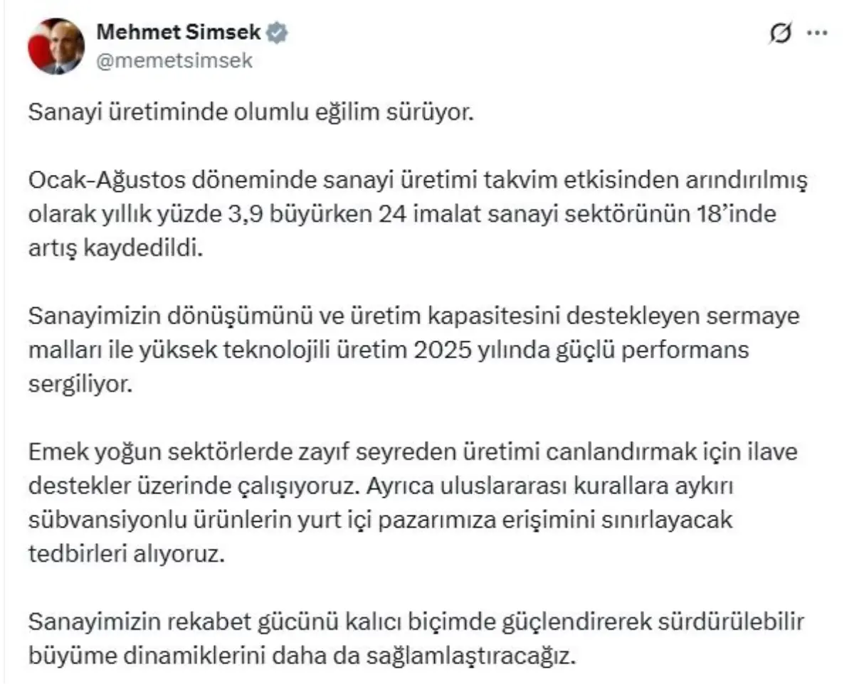 Sanayi Üretimi Yüzde 3,9 Büyüdü